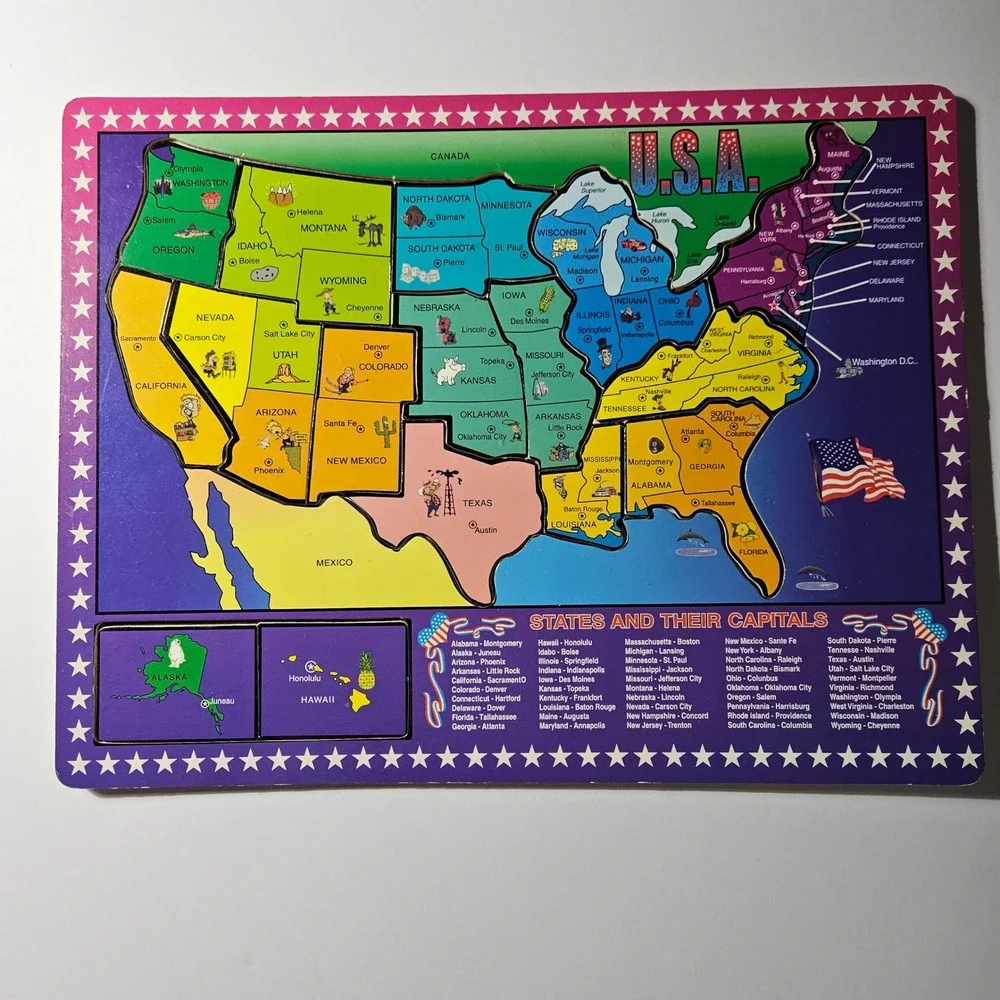 Vintage USA Map Wooden Tray Puzzle States and Their Capitals Educational Toy